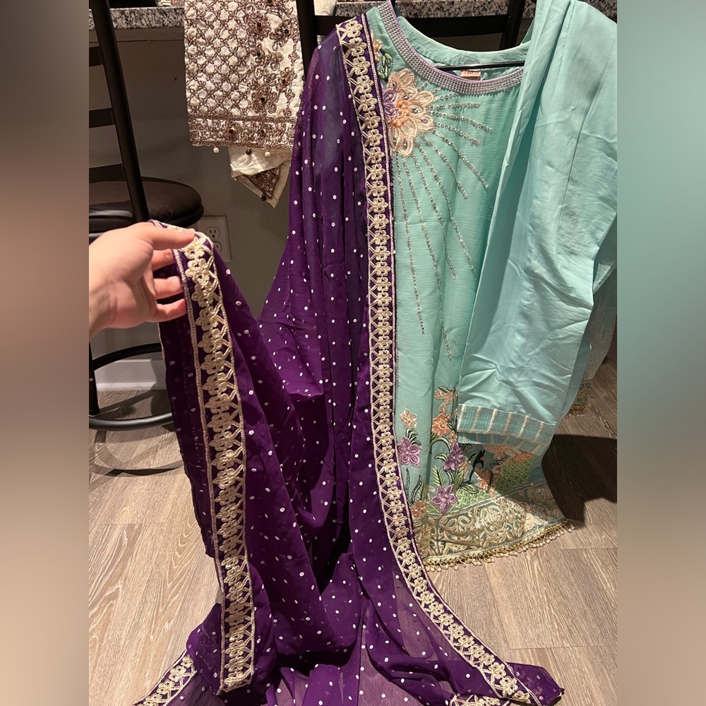 Embroidered Mint Green Kurta with Purple Dupatta